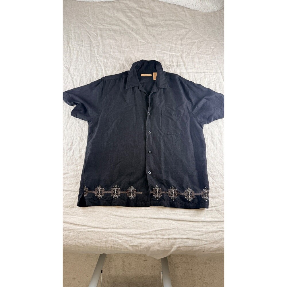 The Havanera Co Shirt Mens Large Black Linen Blend Embroidered Camp Shirt